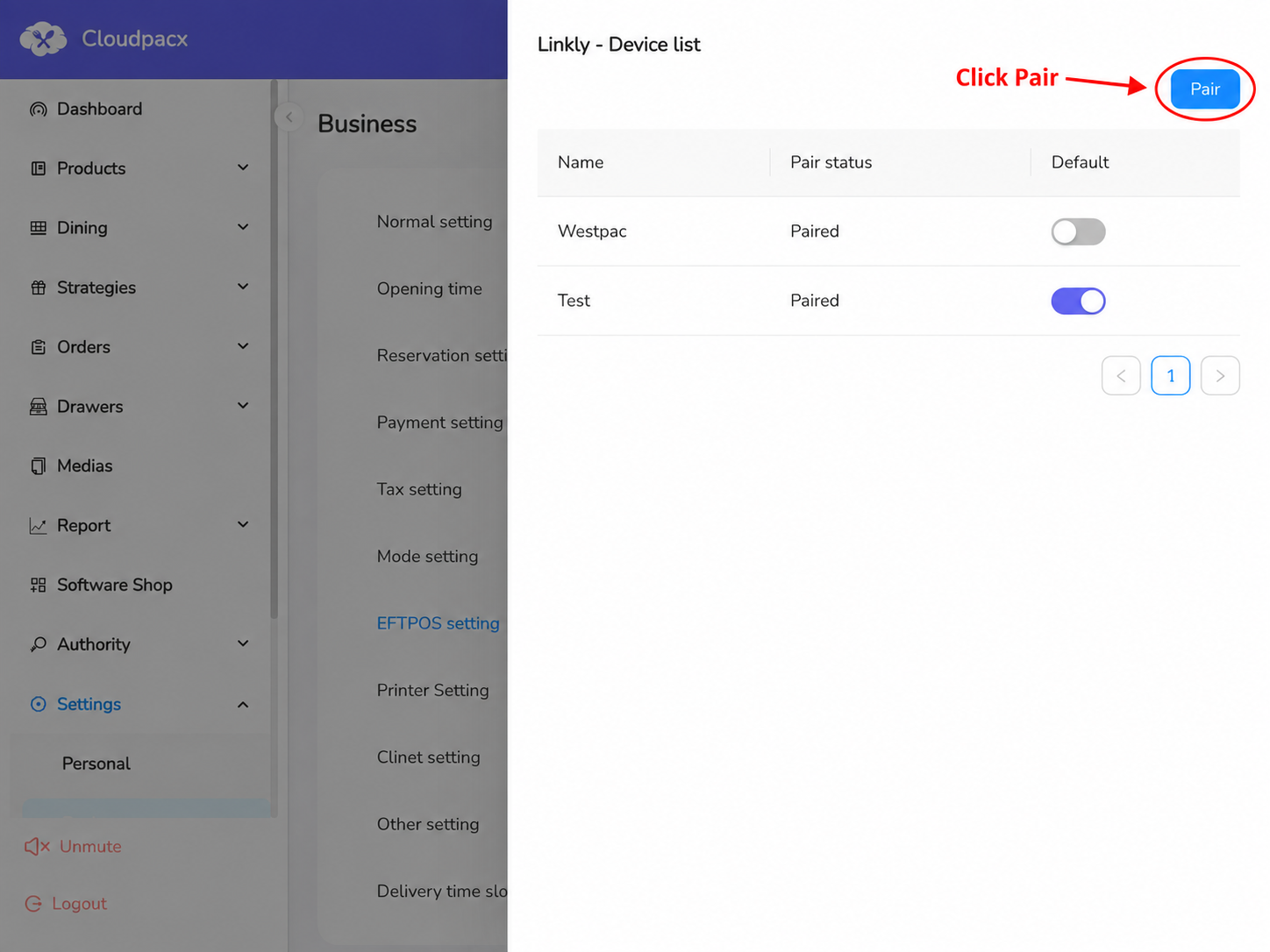 Linkly Device list with a red circle and arrow pointing to the Pair button