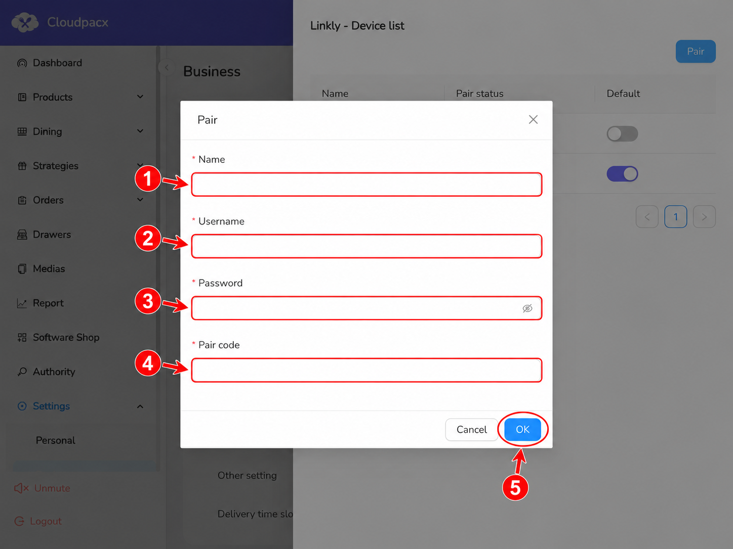 Annotated Pair form: 1 Name, 2 Username, 3 Password, 4 Pair code, 5 OK