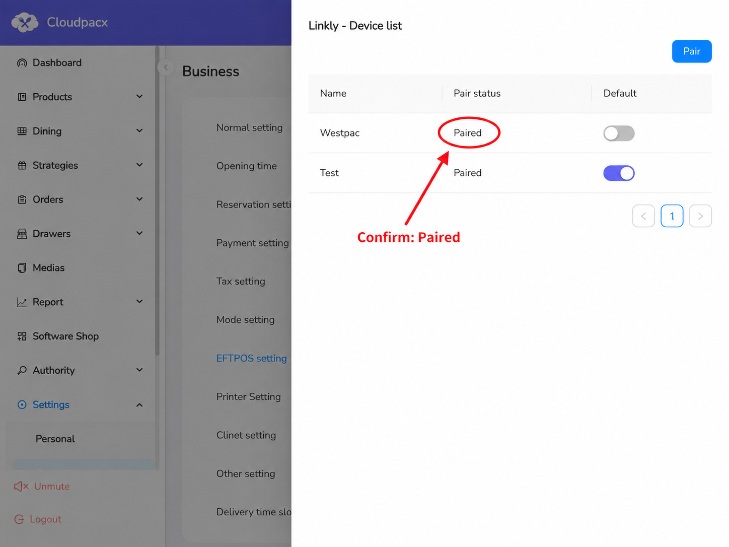 Linkly Device list with a red circle and arrow highlighting the Paired status