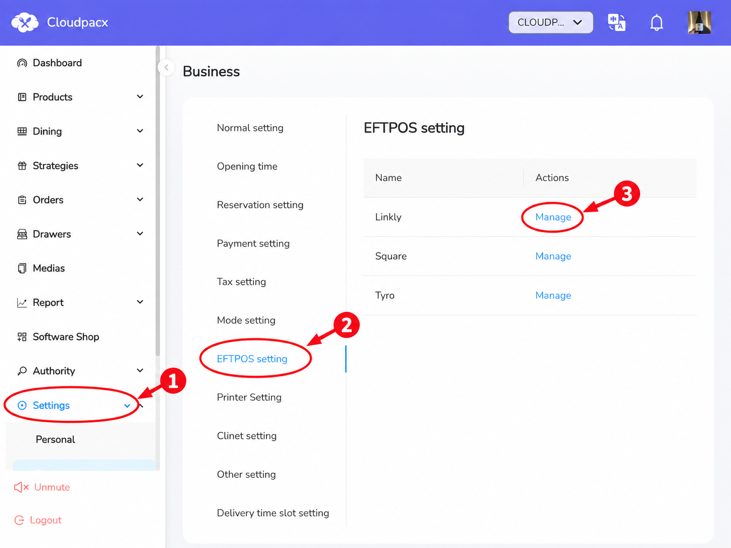 Annotated settings: 1 Settings, 2 EFTPOS setting, 3 Manage on the Linkly row